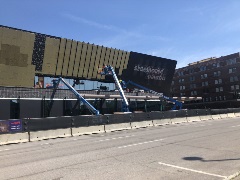 Construction equipment in front of the Steelhouse Omaha. View from Dodge Street.