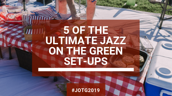 A photo of a picnic blanket with food, accompanied by the text 5 of the ultimate Jazz on the Green set-ups