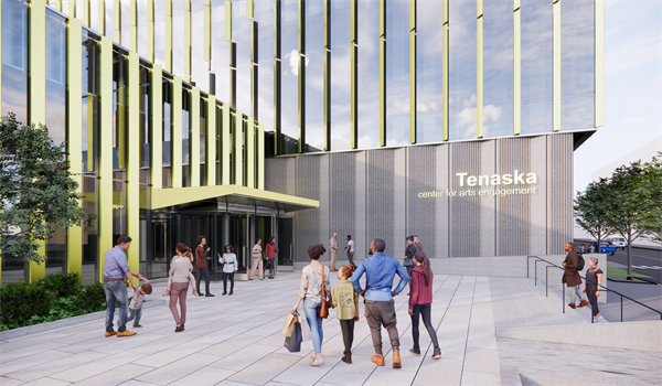 Tenaska Center for Arts Engagement - View from Dodge St. v2 A modern building with a ton of windows